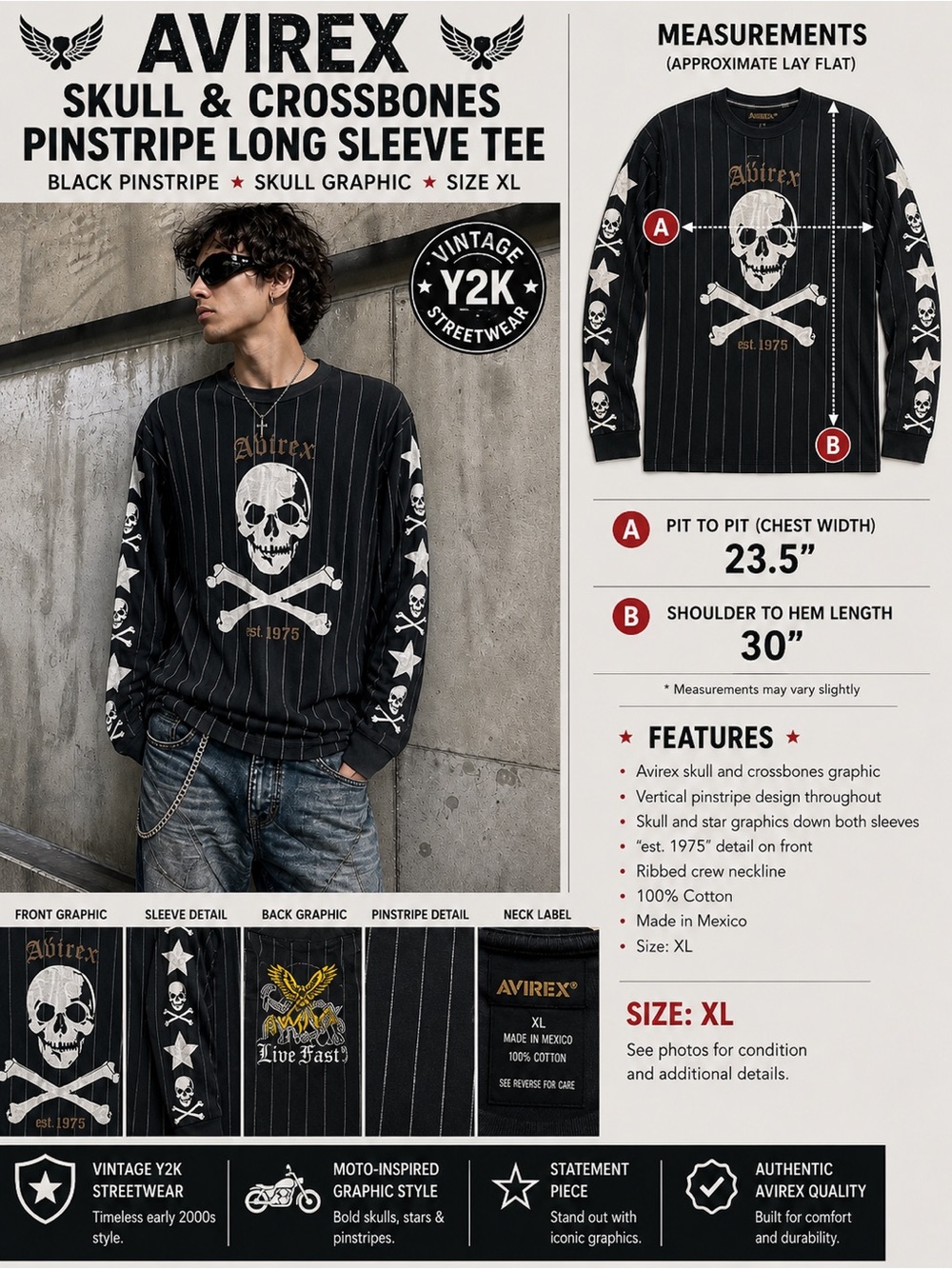 VTG Avirex Skull Crossbones Thermal Long Sleeve Shirt Men’s L Y2K Goth Biker